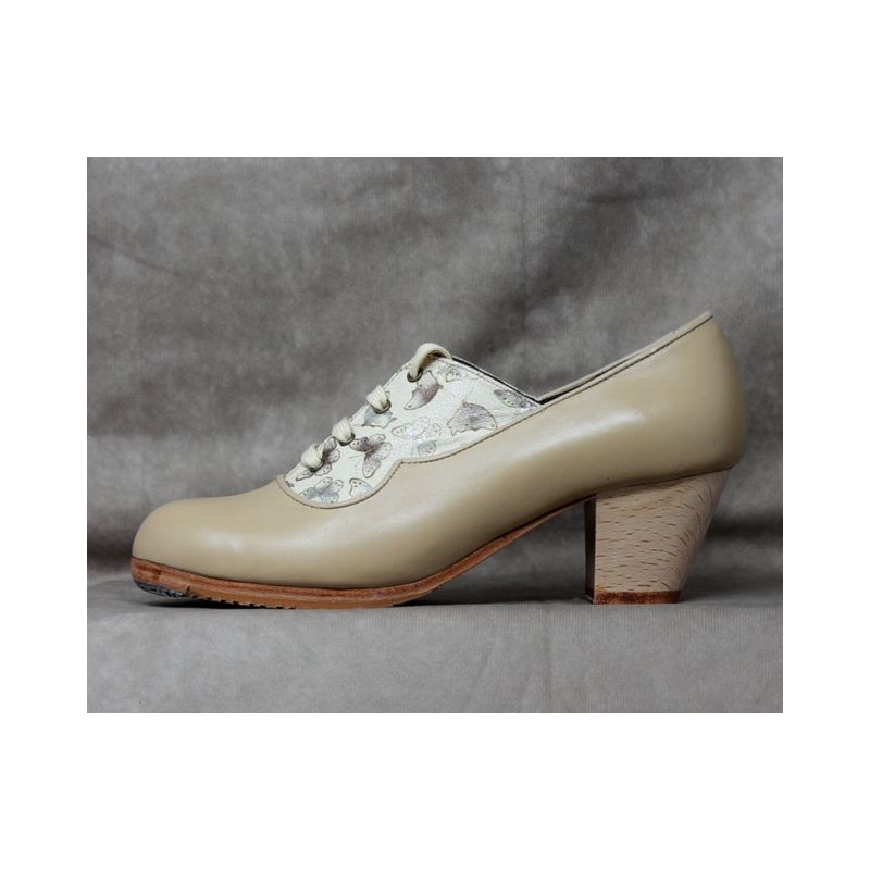 Chapina 36,5 A Leather Beige Cubano Barnizado Adorno Fantasía Mariposas