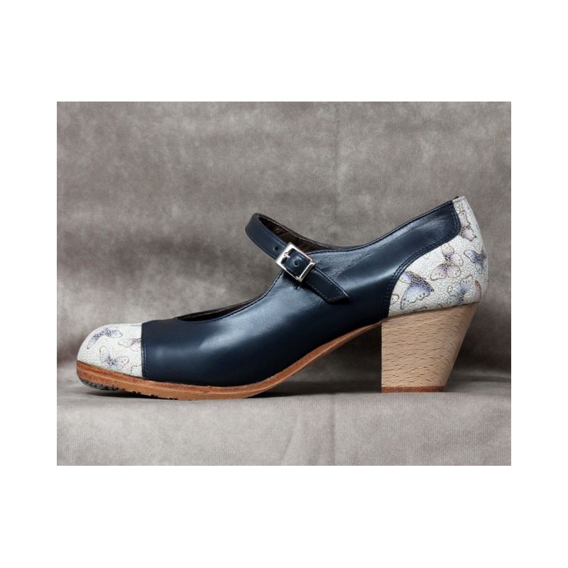 Valencia 36 A Leather Navy Cubano Barnizado Adorno Fantasía Mariposas