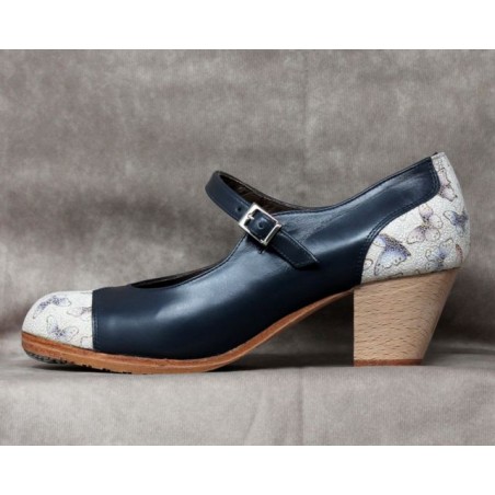 Valencia 36 A Leather Navy Cubano Barnizado Adorno Fantasía Mariposas