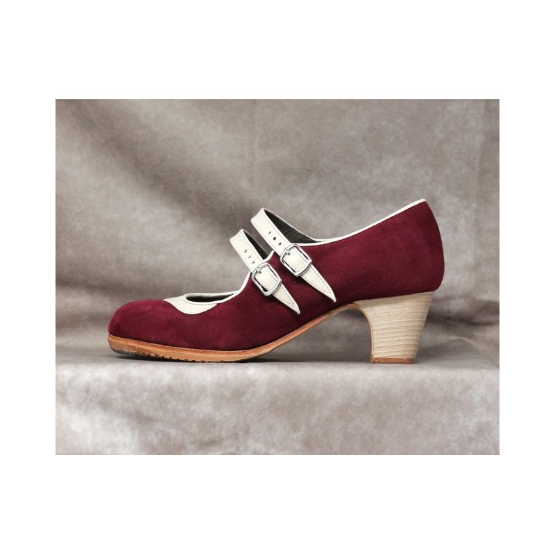 Saeta 35 A Suede Granate Clásico Barnizado Collarín Y Correas Leather Crema