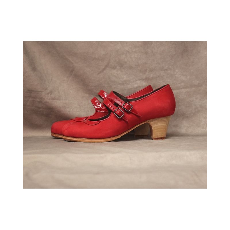 Saeta 36,5 AA Nobuck Rojo Clásico Barnizado Collarín Y Correas Charol Rojo
